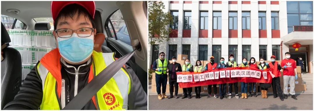 左圖：10輛轎車后座和后備箱堆滿了菜，出發送給社區；右圖：各位志愿者協助接收消毒防護物資